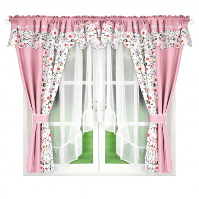 Hotová záclona L463 ROSE s volánmi, mašľami a zirkónmi 400x150cm ružová