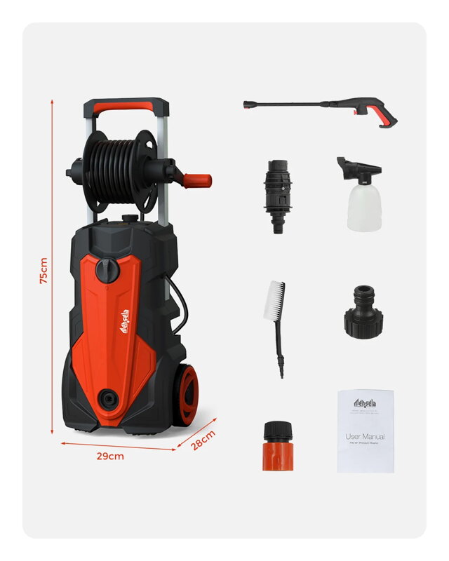 Elektrický tlakový čistič pre domácnosť s nastaviteľnými dýzami 2100W, 165Bar, s navijakom a 10m hadicou, 5m káblom a nádobkou na čistiaci prostriedok, Mansela W1 Elektrický tlakový čistič pre domácnosť s nastaviteľnými dýzami 2100W, 165Bar, s navijakom a 10m hadicou, 5m káblom a nádobkou na čistiaci prostriedok, Mansela W1